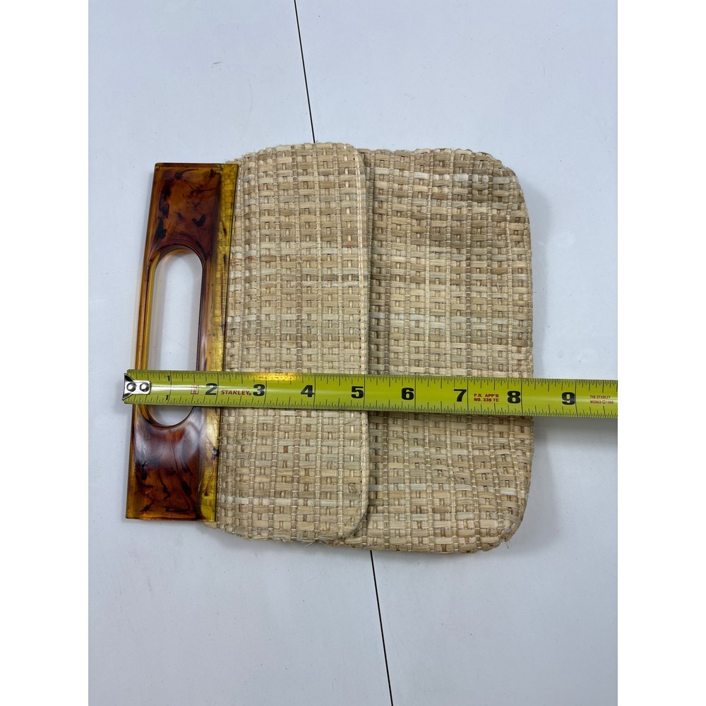 Vintage Woven Straw Handbag Tortoiseshell Acrylic Handle Crossbody Clutch Tan - Picture 3 of 8